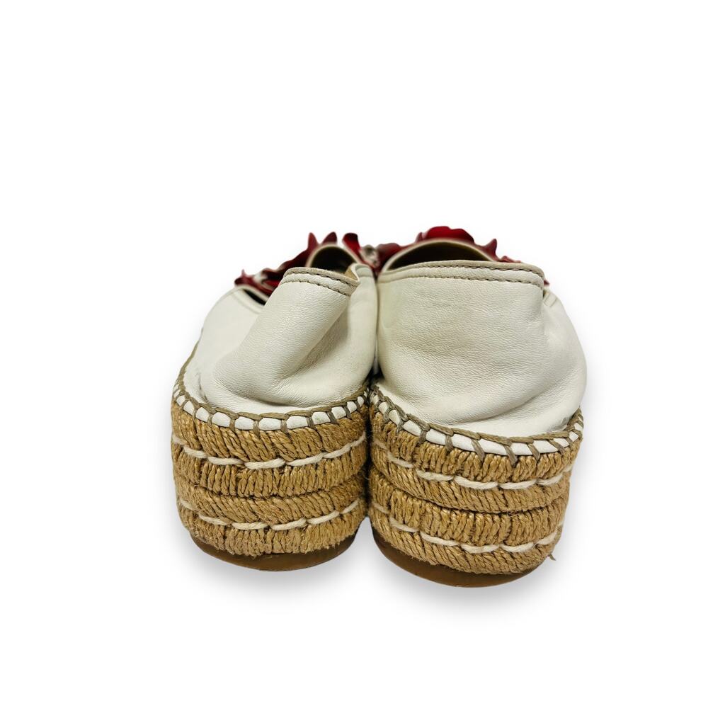 PRADA White Leather Floral Appliqued Peep Toe Platform Espadrilles Flats 38.5 - Picture 6 of 8